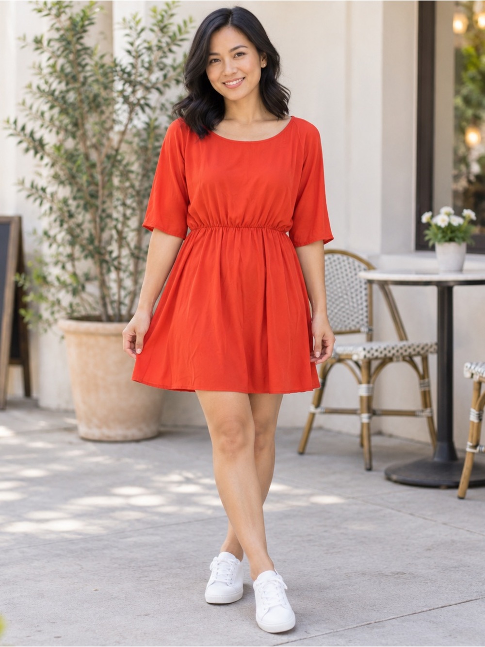 ORANGE DRESS WITH CINCHED WAISTLINE | FAST SHIPPING